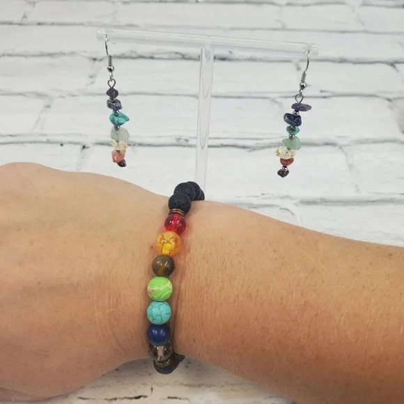 Beautiful Chakra Stones Earrings and Matching Black Lava Stone Chakra Bracelet. - Picture 13 of 15